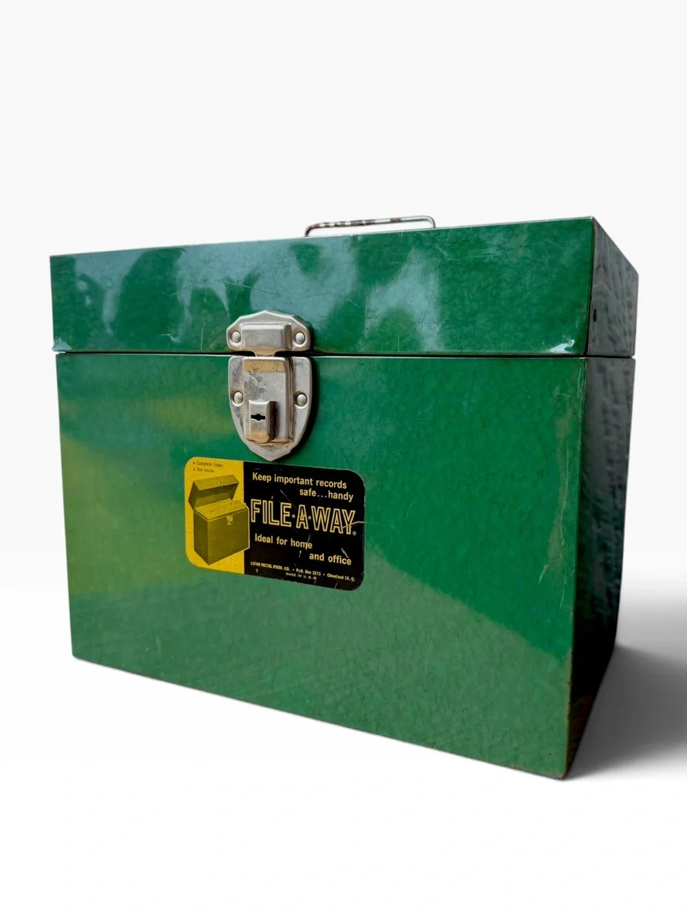 Vintage 1960s File-A-Way Green Metal Storage Box with Locking Latch